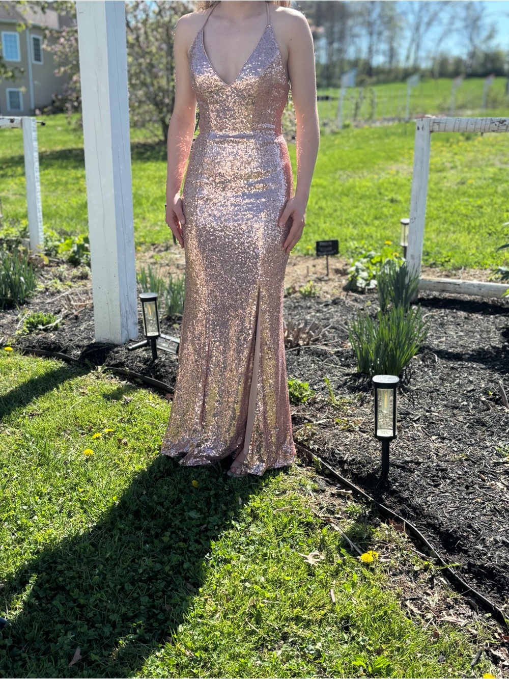 Alyce Paris Rose Gold Sequin Halter Gown